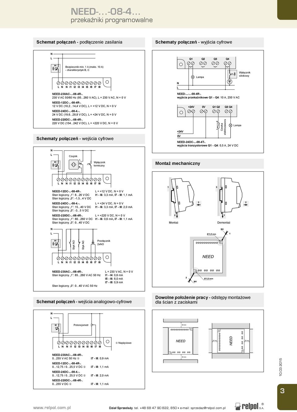 .. V DC), L = +0 V DC, N = 0 V Schematy połączeń - wejścia cyfrowe NEED-...-..-0-R-. wyjścia przekaźnikowe Q1 - Q: 10 A, 50 V AC +V 0V +V 0V NEED-DC-..-0-T-.