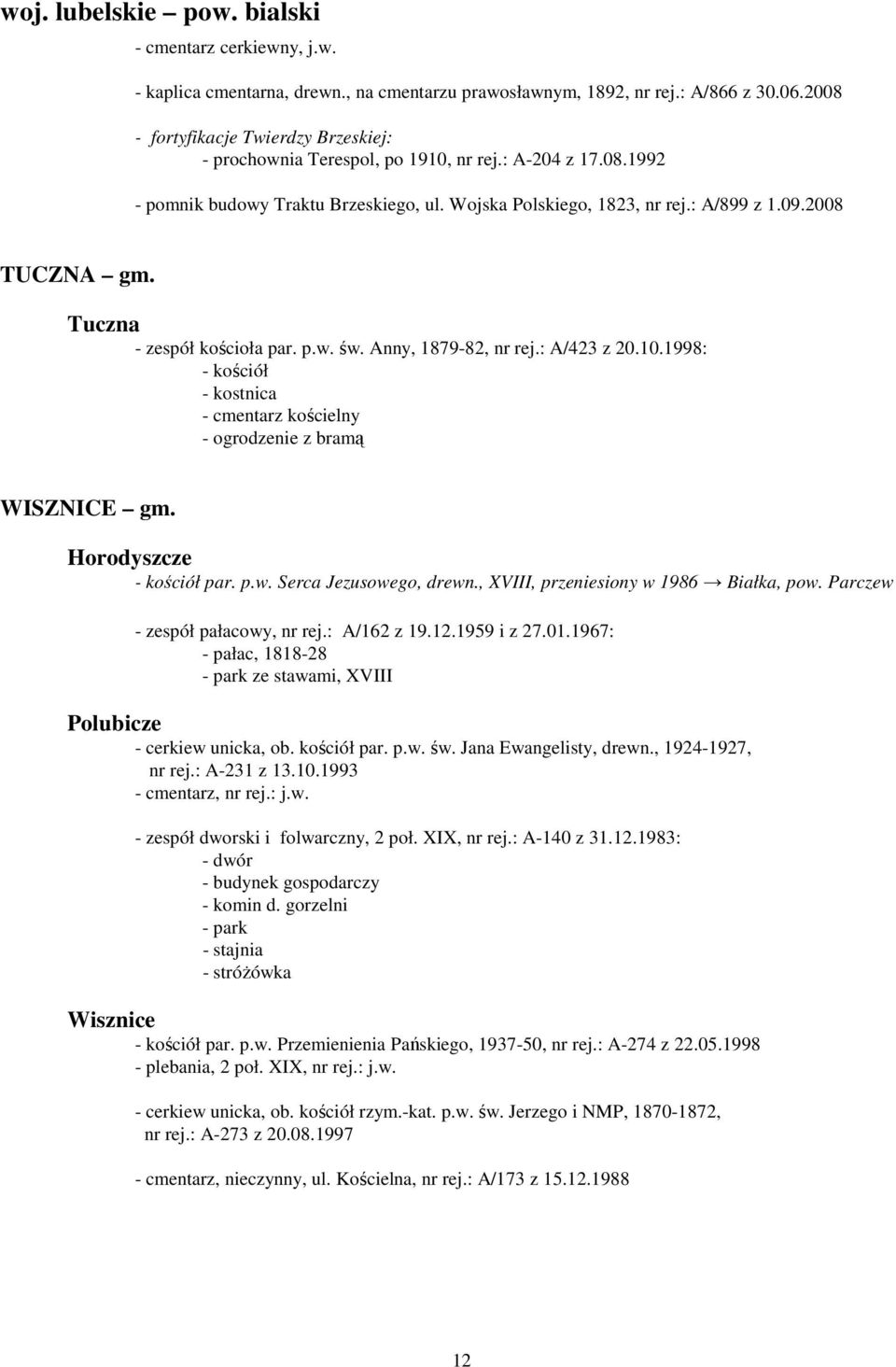 Tuczna - zespół kościoła par. p.w. św. Anny, 1879-82, nr rej.: A/423 z 20.10.1998: - kościół - kostnica - ogrodzenie z bramą WISZNICE gm. Horodyszcze - kościół par. p.w. Serca Jezusowego, drewn.