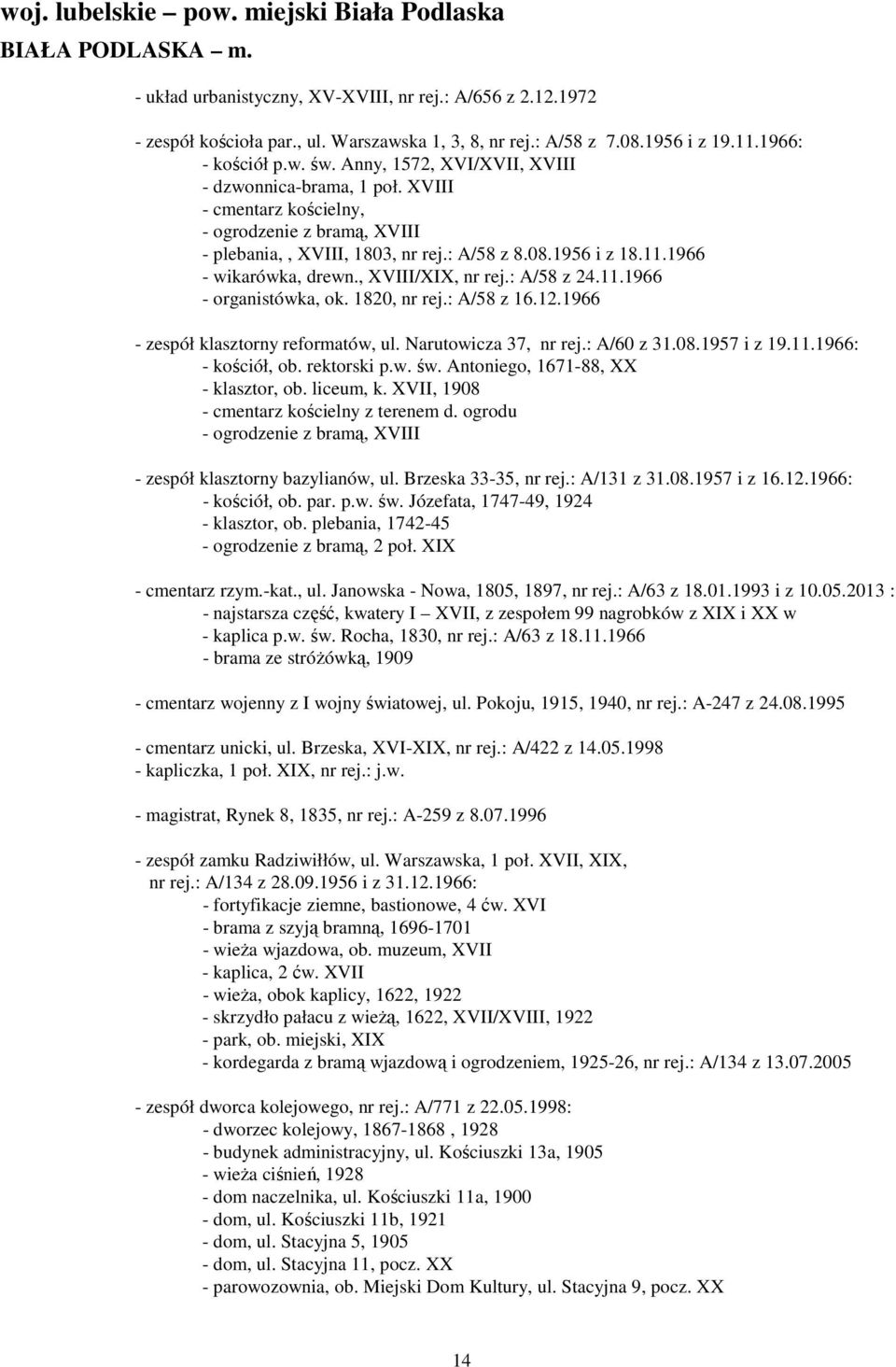 , XVIII/XIX, nr rej.: A/58 z 24.11.1966 - organistówka, ok. 1820, nr rej.: A/58 z 16.12.1966 - zespół klasztorny reformatów, ul. Narutowicza 37, nr rej.: A/60 z 31.08.1957 i z 19.11.1966: - kościół, ob.