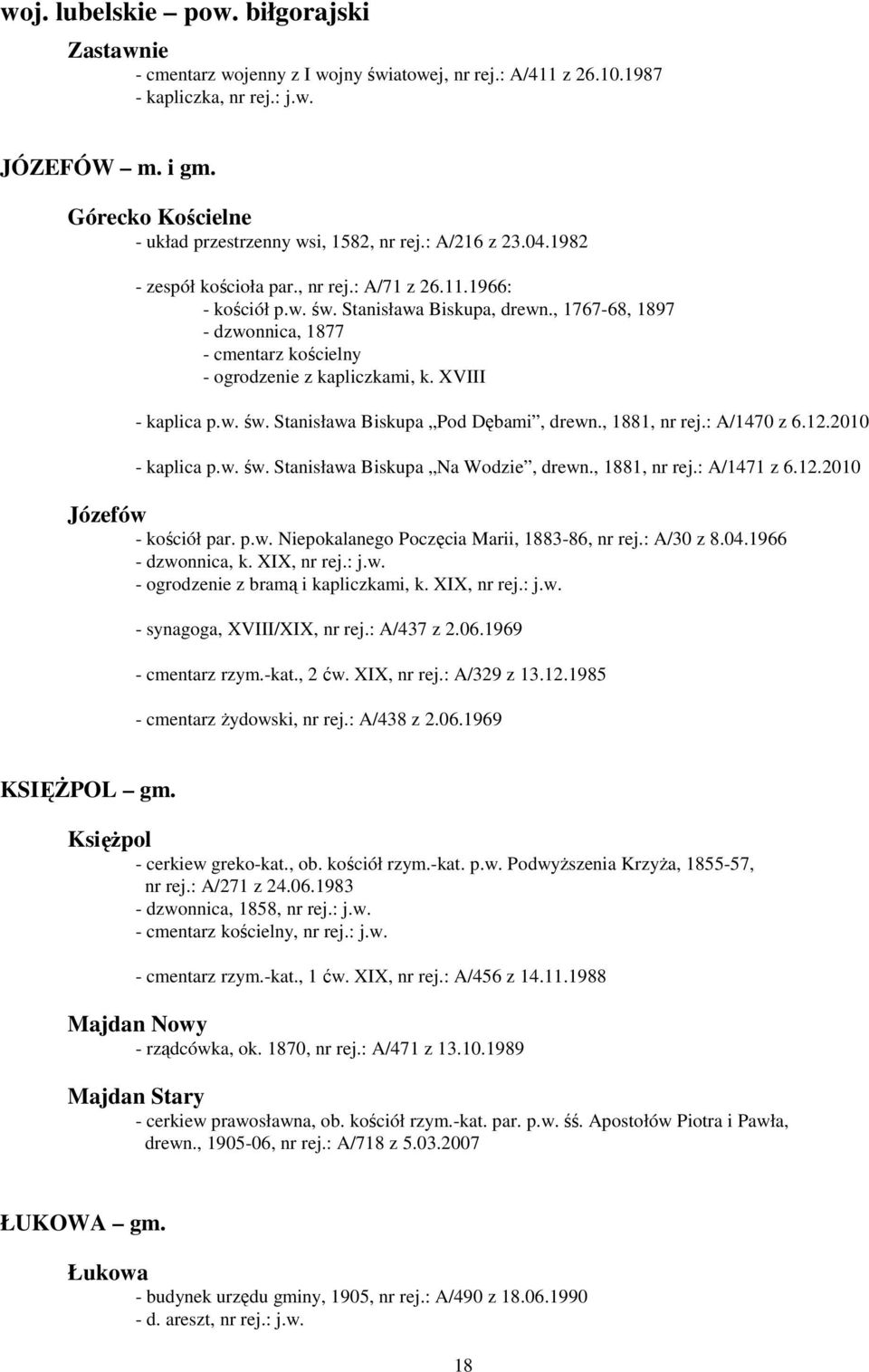 , 1767-68, 1897 - dzwonnica, 1877 - ogrodzenie z kapliczkami, k. XVIII - kaplica p.w. św. Stanisława Biskupa Pod Dębami, drewn., 1881, nr rej.: A/1470 z 6.12.2010 - kaplica p.w. św. Stanisława Biskupa Na Wodzie, drewn.