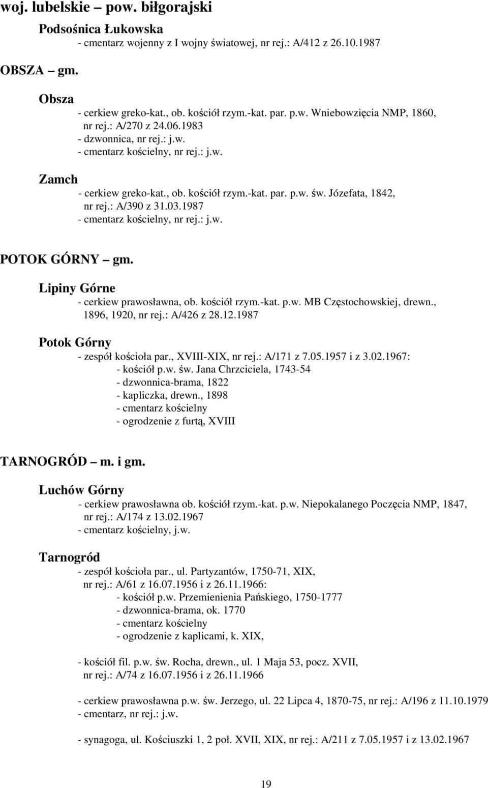 Lipiny Górne - cerkiew prawosławna, ob. kościół rzym.-kat. p.w. MB Częstochowskiej, drewn., 1896, 1920, nr rej.: A/426 z 28.12.1987 Potok Górny - zespół kościoła par., XVIII-XIX, nr rej.: A/171 z 7.