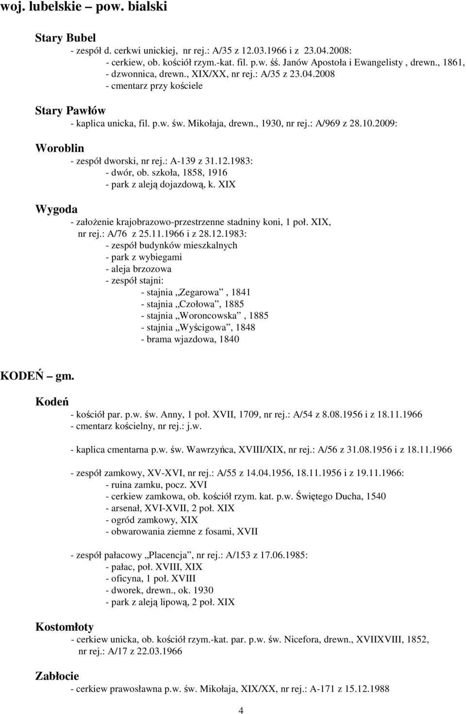 2009: Woroblin - zespół dworski, nr rej.: A-139 z 31.12.1983:, ob. szkoła, 1858, 1916 z aleją dojazdową, k. XIX Wygoda - założenie krajobrazowo-przestrzenne stadniny koni, 1 poł. XIX, nr rej.