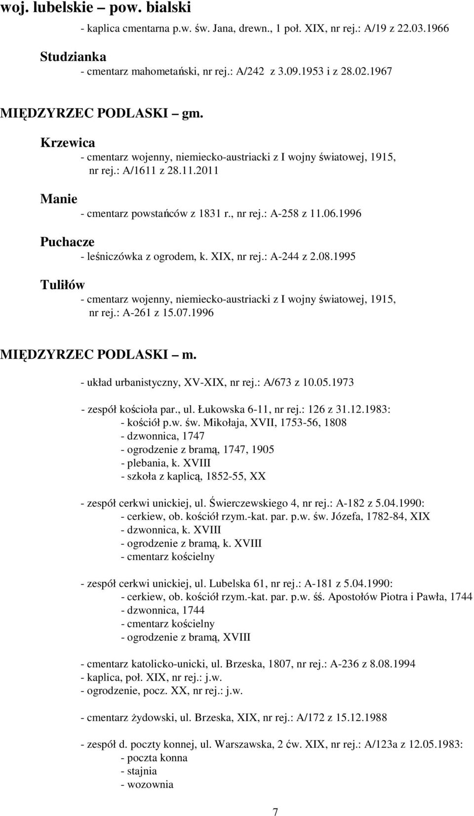 1996 Puchacze - leśniczówka z ogrodem, k. XIX, nr rej.: A-244 z 2.08.1995 Tuliłów - cmentarz wojenny, niemiecko-austriacki z I wojny światowej, 1915, nr rej.: A-261 z 15.07.1996 MIĘDZYRZEC PODLASKI m.