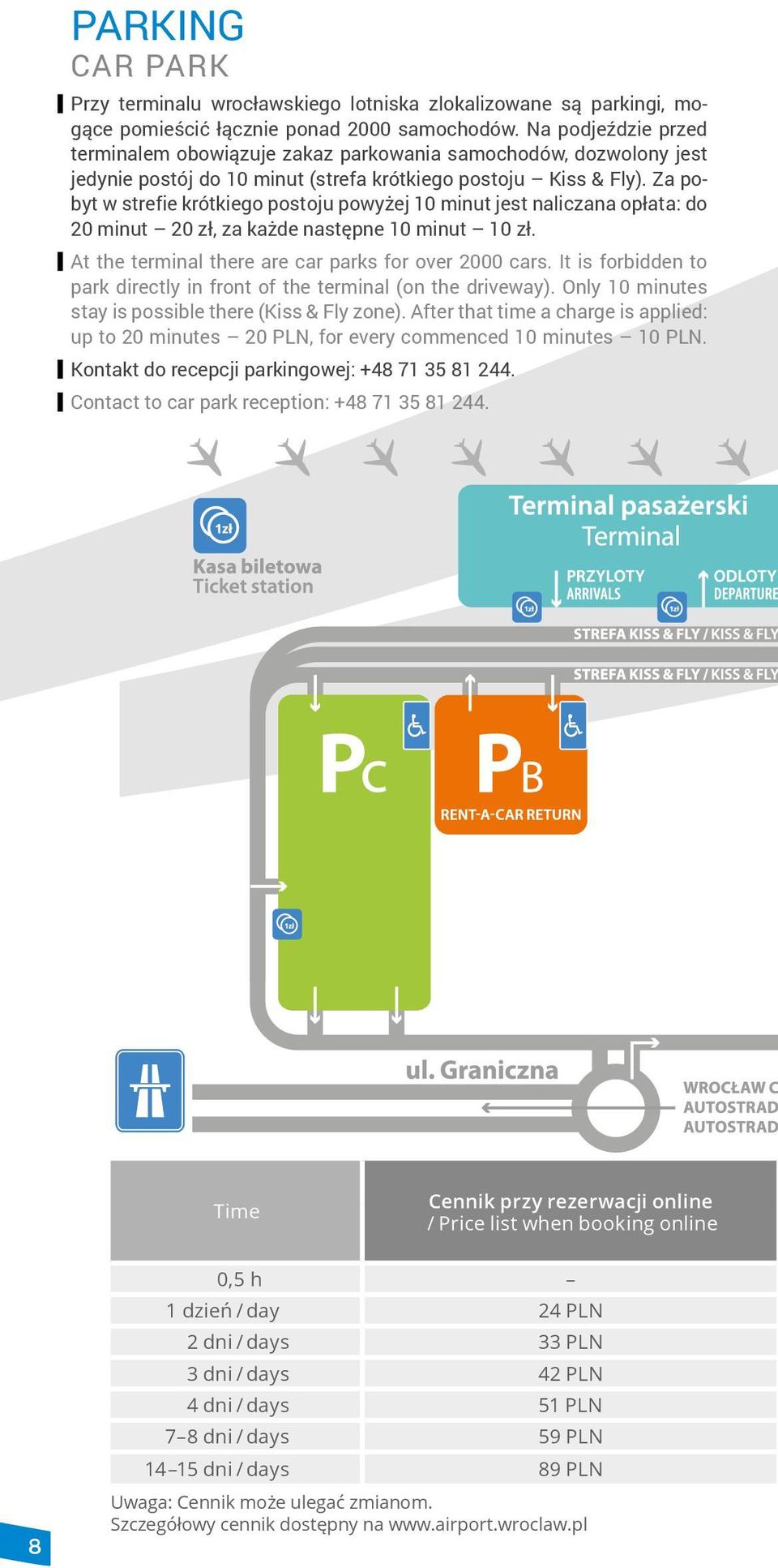 Za pobyt w strefie krótkiego postoju powyżej 10 minut jest naliczana opłata: do 20 minut 20 zł, za każde następne 10 minut 10 zł. At the terminal there are car parks for over 2000 cars.