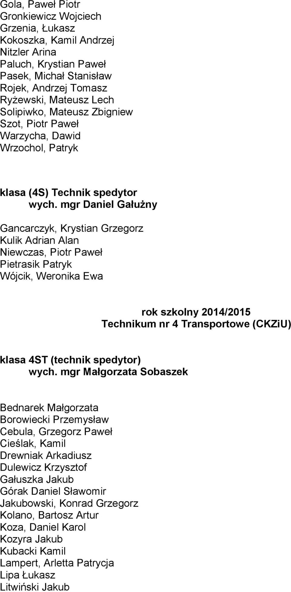 mgr Daniel Gałużny Gancarczyk, Krystian Grzegorz Kulik Adrian Alan Niewczas, Piotr Paweł Pietrasik Patryk Wójcik, Weronika Ewa rok szkolny 2014/2015 Technikum nr 4 Transportowe (CKZiU) klasa 4ST