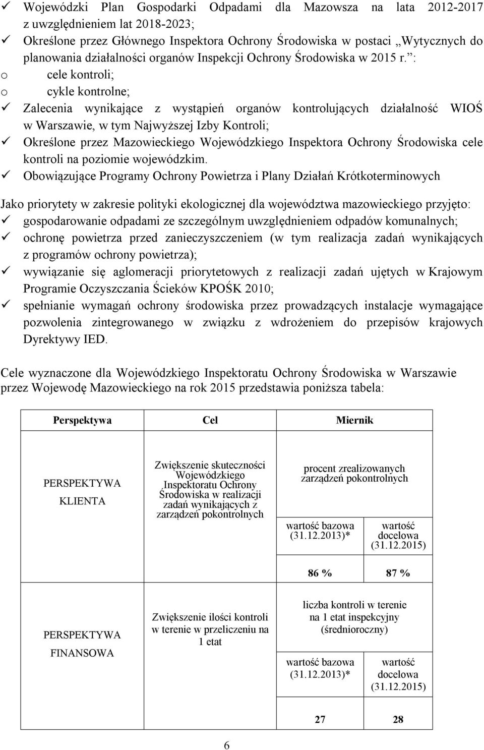 : o cele kontroli; o cykle kontrolne; Zalecenia wynikające z wystąpień organów kontrolujących działalność WIOŚ w Warszawie, w tym Najwyższej Izby Kontroli; Określone przez Mazowieckiego Wojewódzkiego