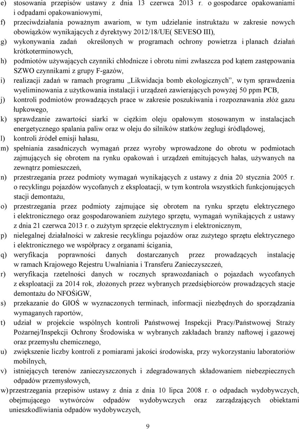 g) wykonywania zadań określonych w programach ochrony powietrza i planach działań krótkoterminowych, h) podmiotów używających czynniki chłodnicze i obrotu nimi zwłaszcza pod kątem zastępowania SZWO