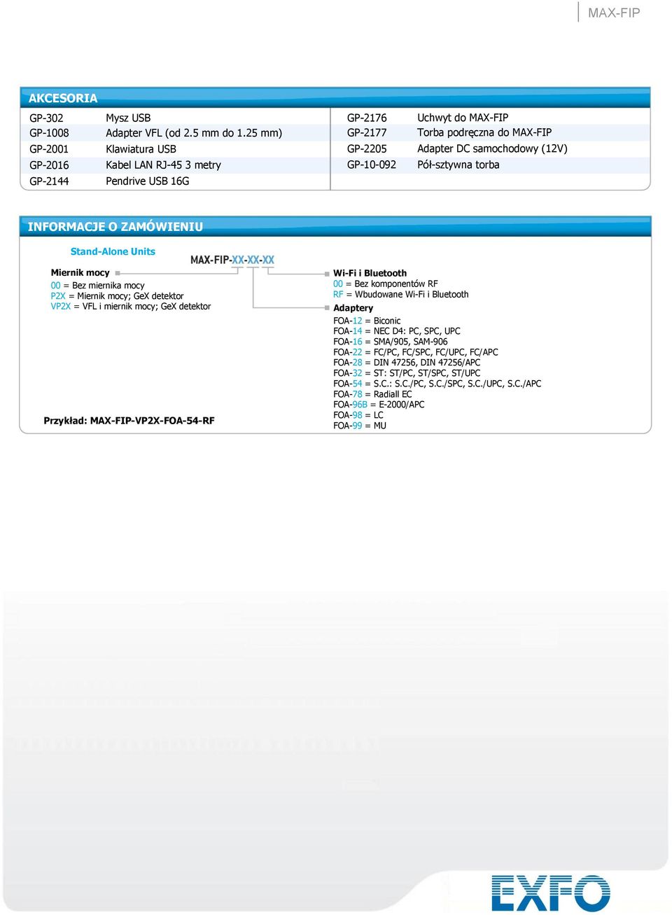 O ZAMÓWIENIU Stand-Alone Units Miernik mocy 00 = Bez miernika mocy P2X = Miernik mocy; GeX detektor VP2X = VFL i miernik mocy; GeX detektor Przykład: MAX-FIP-VP2X-FOA-54-RF Wi-Fi i Bluetooth 00 = Bez