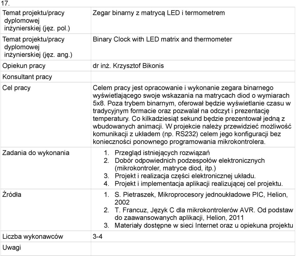 Poza trybem binarnym, oferował będzie wyświetlanie czasu w tradycyjnym formacie oraz pozwalał na odczyt i prezentację temperatury.