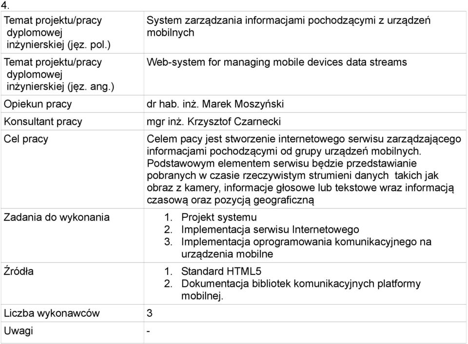 Podstawowym elementem serwisu będzie przedstawianie pobranych w czasie rzeczywistym strumieni danych takich jak obraz z kamery, informacje głosowe lub tekstowe wraz informacją czasową