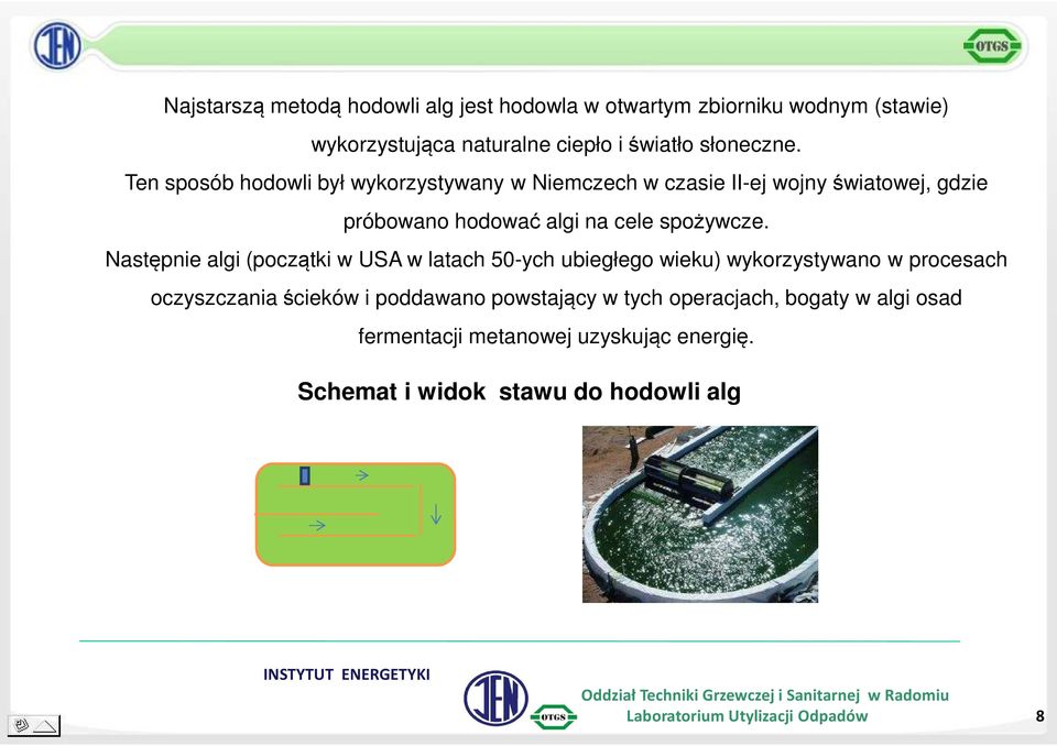 Następnie algi (początki w USA w latach 50-ych ubiegłego wieku) wykorzystywano w procesach oczyszczania ścieków i poddawano powstający w