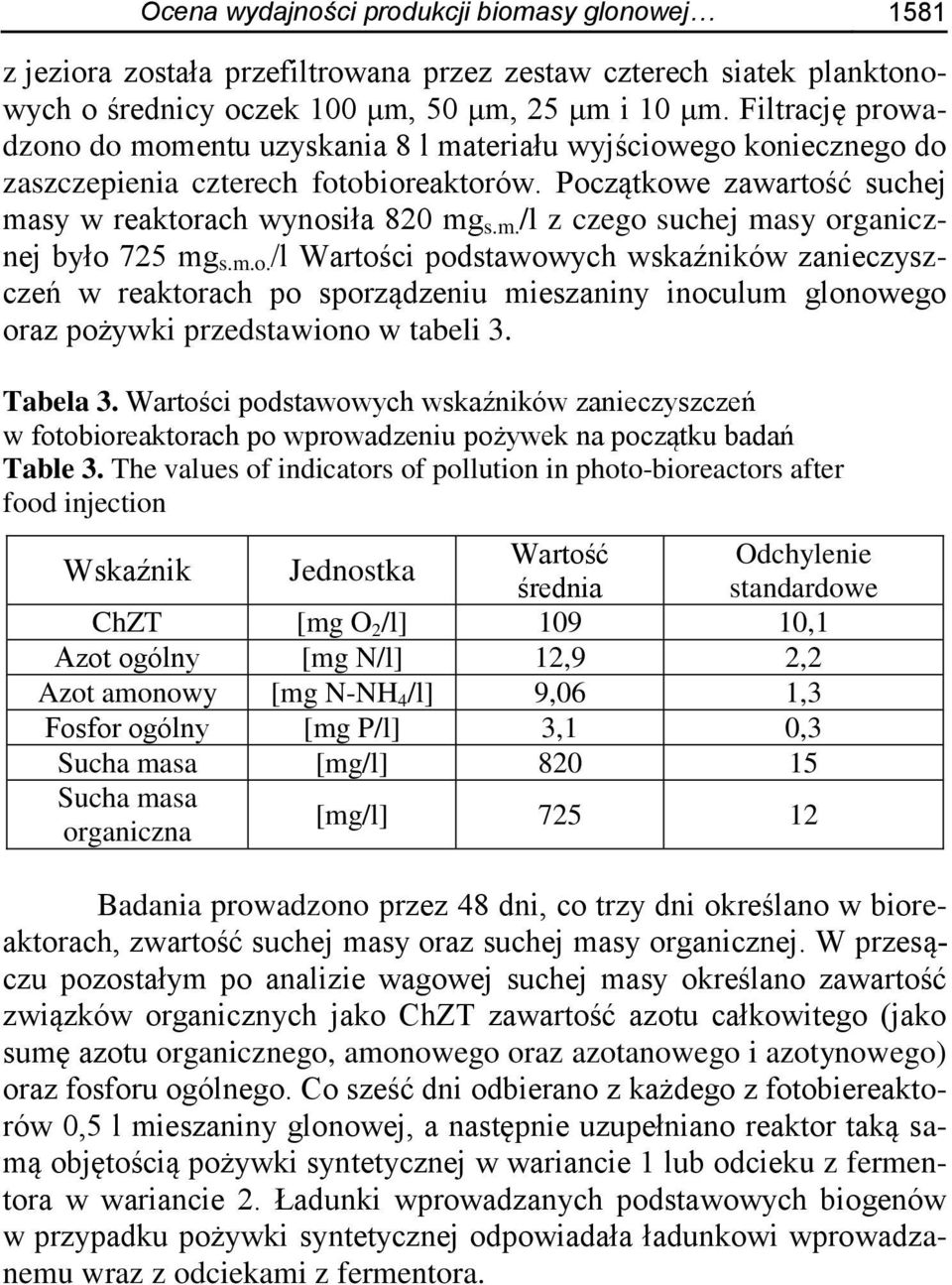 m.o. /l Wartości podstawowych wskaźników zanieczyszczeń w reaktorach po sporządzeniu mieszaniny inoculum glonowego oraz pożywki przedstawiono w tabeli 3. Tabela 3.