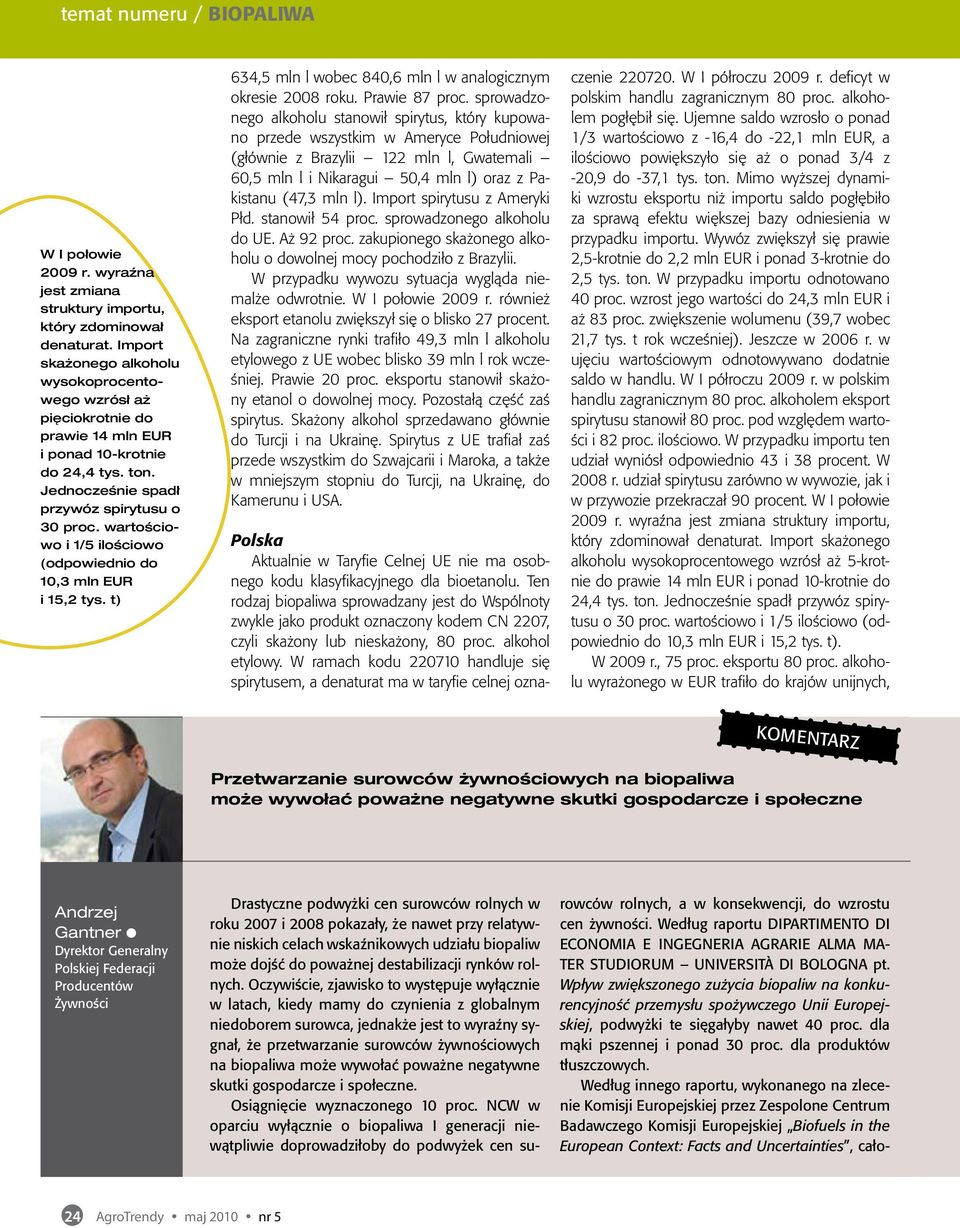 wartościowo i 1/5 ilościowo (odpowiednio do 10,3 mln EUR i 15,2 tys. t) 634,5 mln l wobec 840,6 mln l w analogicznym okresie 2008 roku. Prawie 87 proc.