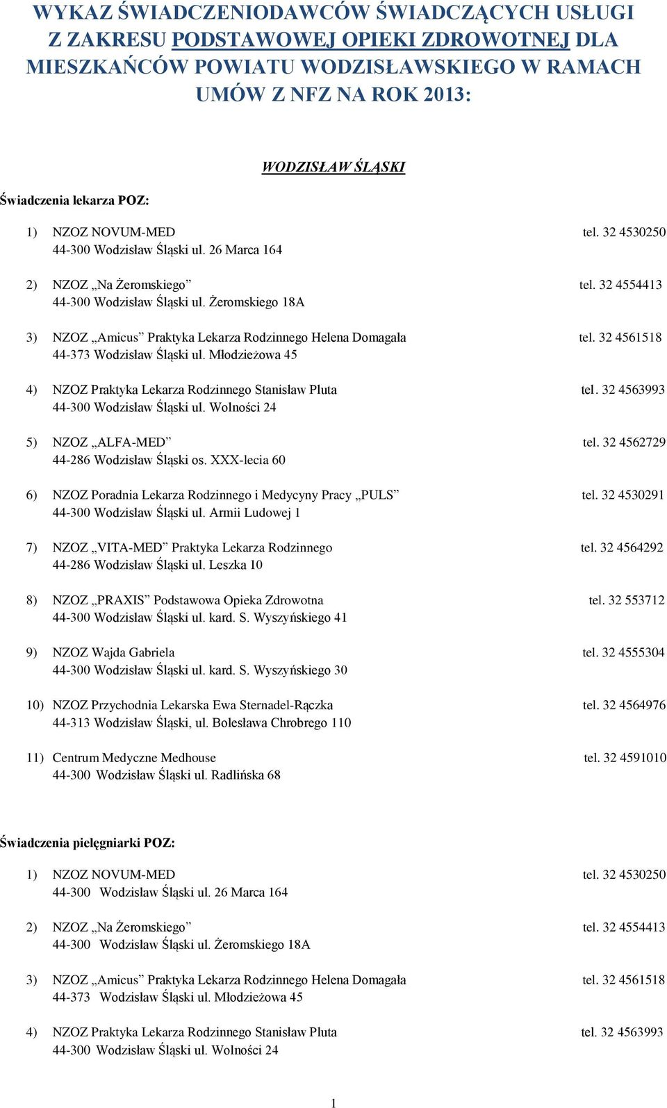 32 4561518 44-373 Wodzisław Śląski ul. Młodzieżowa 45 4) NZOZ Praktyka Lekarza Rodzinnego Stanisław Pluta tel. 32 4563993 44-300 Wodzisław Śląski ul. Wolności 24 5) NZOZ ALFA-MED tel.