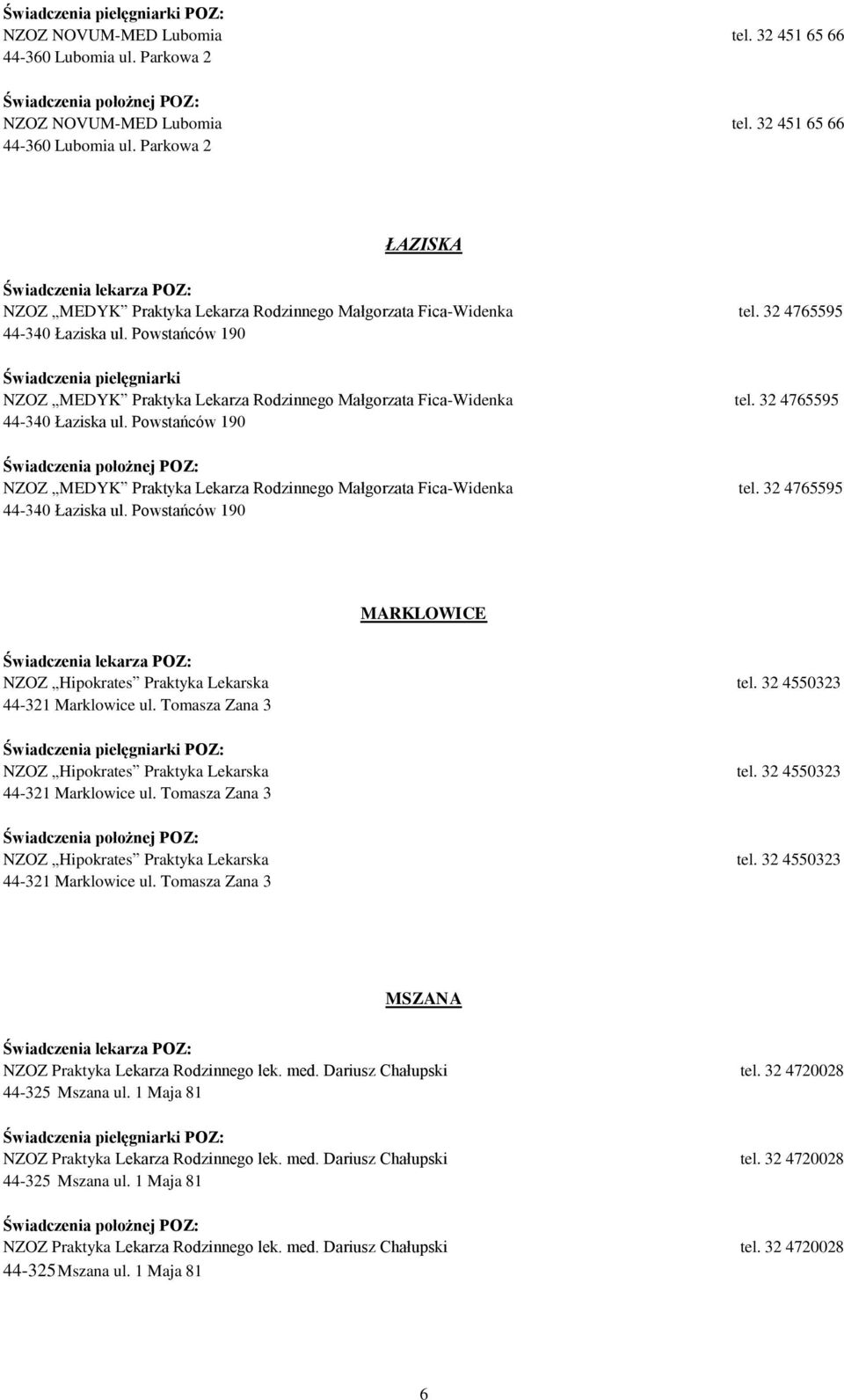 Powstańców 190 NZOZ MEDYK Praktyka Lekarza Rodzinnego Małgorzata Fica-Widenka tel. 32 4765595 44-340 Łaziska ul. Powstańców 190 MARKLOWICE NZOZ Hipokrates Praktyka Lekarska tel.