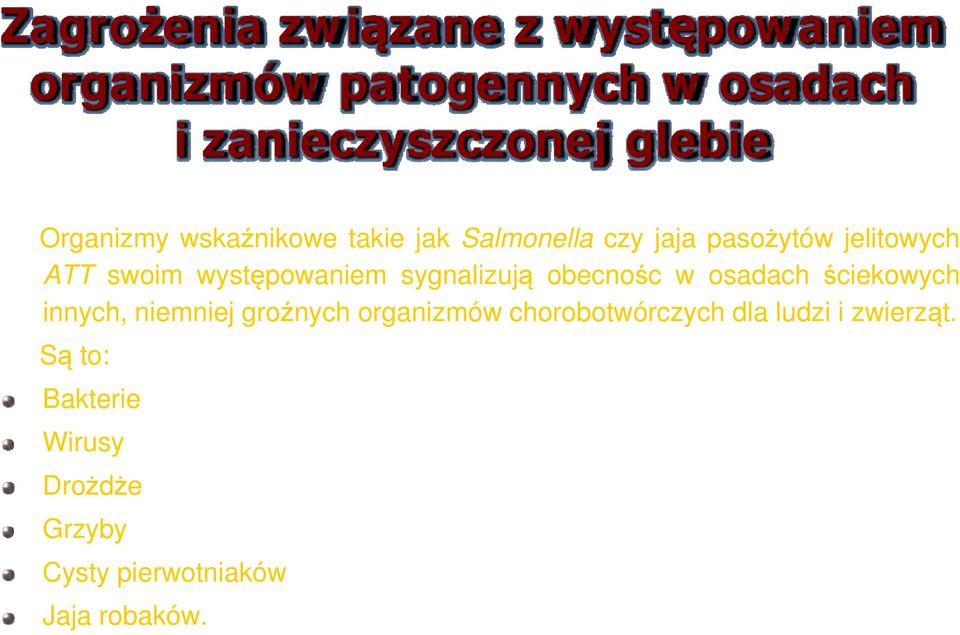 występowaniem sygnalizują obecnośc w osadach ściekowych innych, niemniej groźnych organizmów