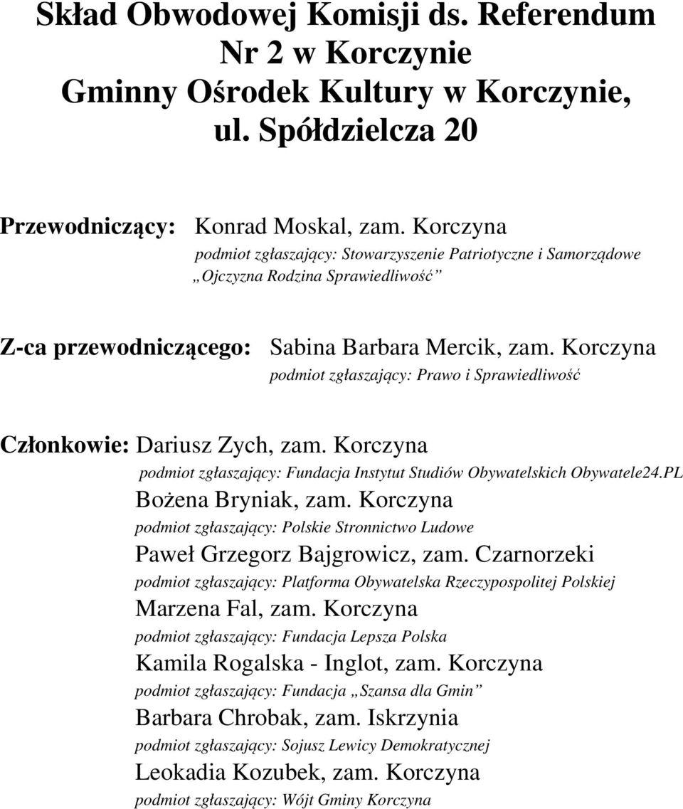 Korczyna Członkowie: Dariusz Zych, zam. Korczyna Bożena Bryniak, zam. Korczyna Paweł Grzegorz Bajgrowicz, zam. Czarnorzeki Marzena Fal, zam.