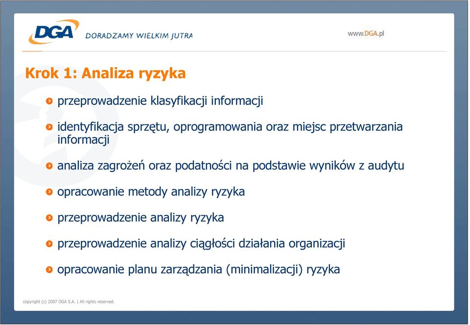 podstawie wyników z audytu opracowanie metody analizy ryzyka przeprowadzenie analizy ryzyka