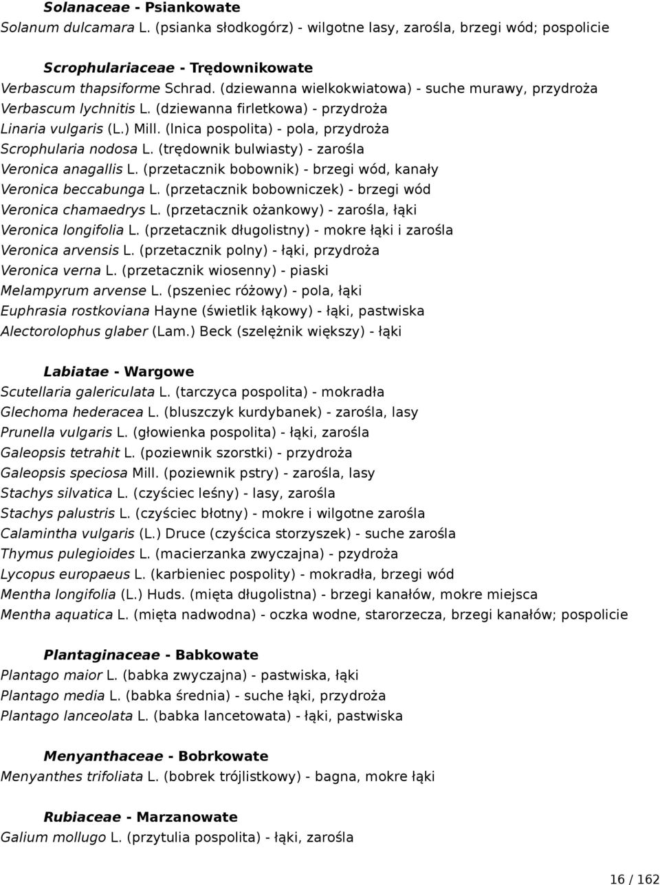 (trędownik bulwiasty) - zarośla Veronica anagallis L. (przetacznik bobownik) - brzegi wód, kanały Veronica beccabunga L. (przetacznik bobowniczek) - brzegi wód Veronica chamaedrys L.