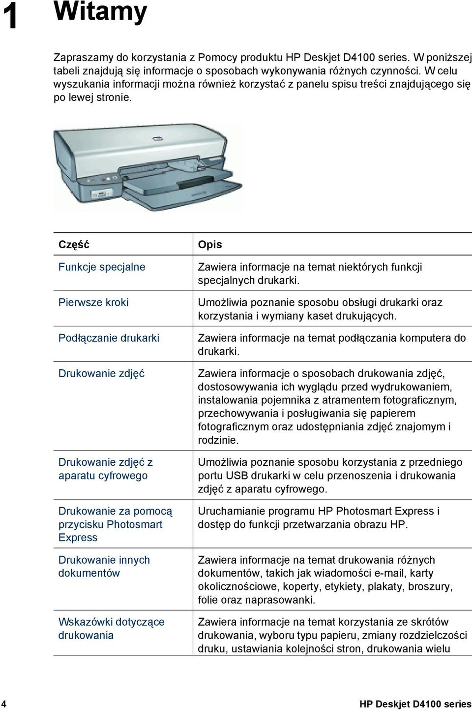 Część Funkcje specjalne Pierwsze kroki Podłączanie drukarki Drukowanie zdjęć Drukowanie zdjęć z aparatu cyfrowego Drukowanie za pomocą przycisku Photosmart Express Drukowanie innych dokumentów