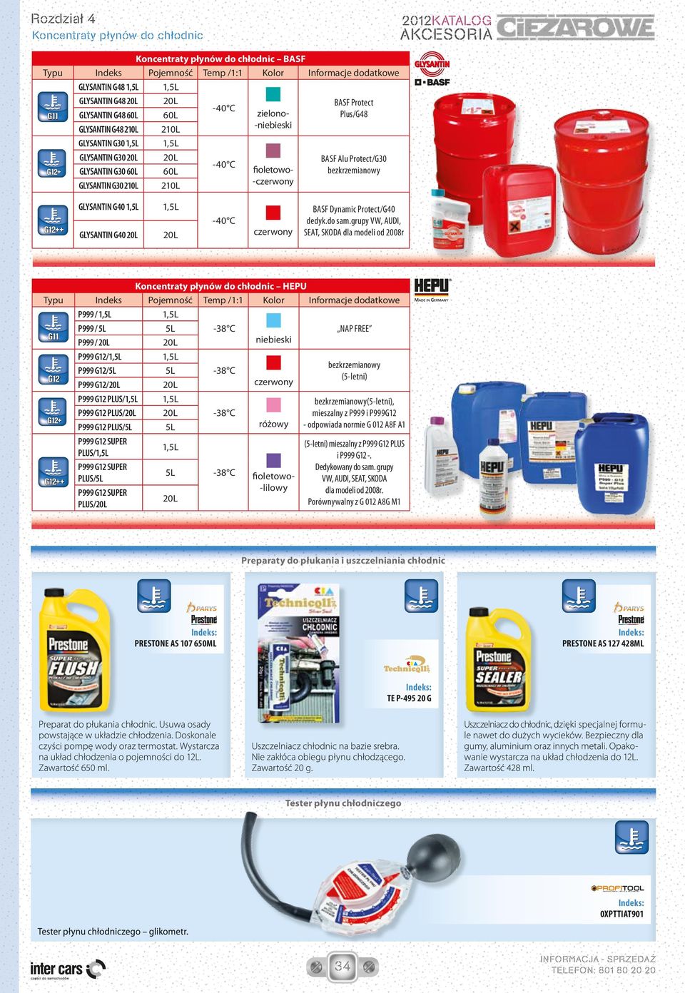 grupy VW, AUDI, SEAT, SKODA dla modeli od 2008r Koncentraty płynów do chłodnic HEPU /1:1 P999 / 1, 1, P999 / NAP FREE -38 C P999 / P999 G12/1, 1, bezkrzemianowy P999 G12/ -38 C (5-letni) P999 G12/
