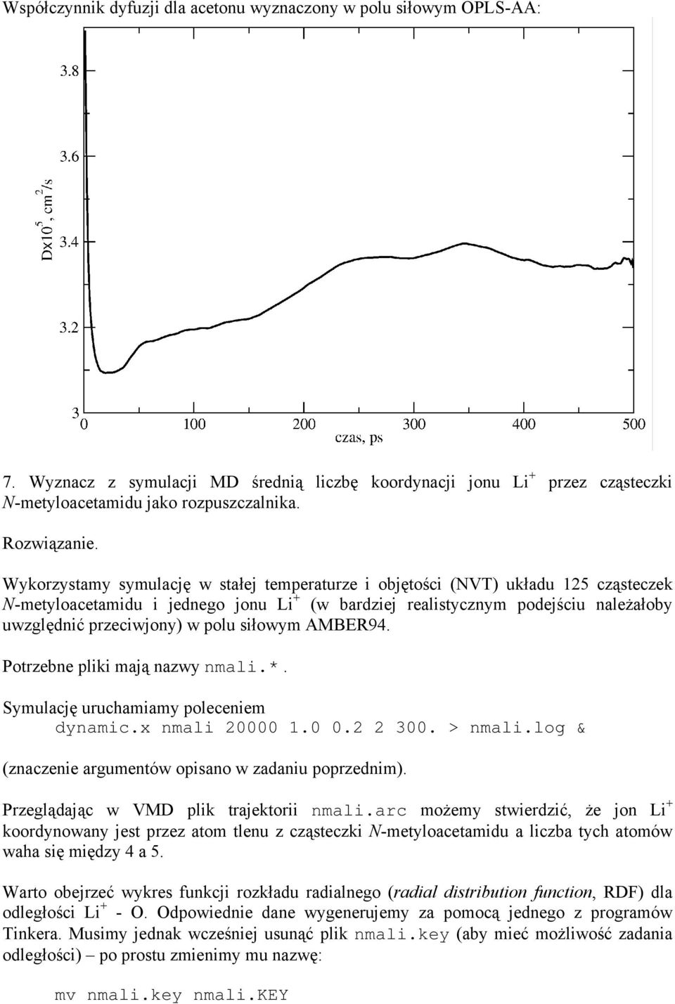 polu siłowym AMBER94. Potrzebne pliki mają nazwy nmali.*. Symulację uruchamiamy poleceniem dynamic.x nmali 20000 1.0 0.2 2 300. > nmali.log & (znaczenie argumentów opisano w zadaniu poprzednim).