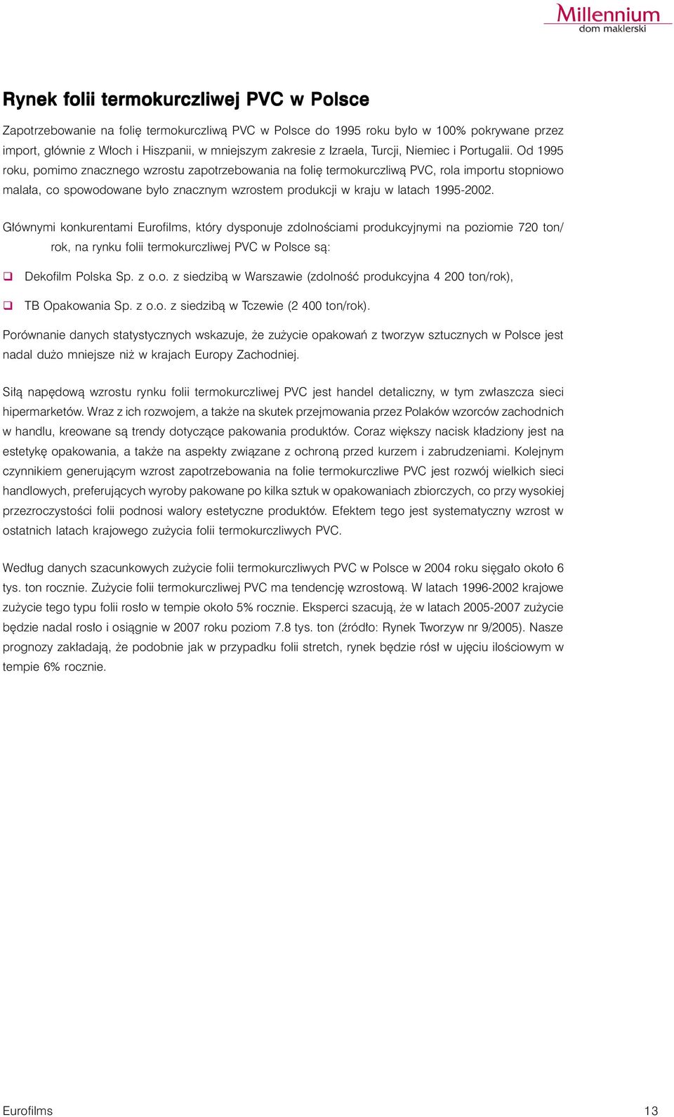 Od 1995 roku, pomimo znacznego wzrostu zapotrzebowania na folię termokurczliwą PVC, rola importu stopniowo malała, co spowodowane było znacznym wzrostem produkcji w kraju w latach 1995-2002.