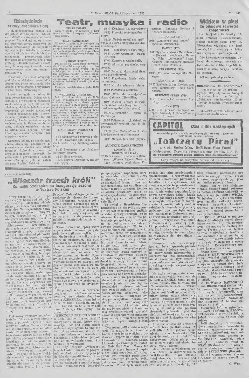 Szekspira "Wieczór 1520 Piosenki sentymentalue - cieli składów aptecznych w Łodzi trzech króli". płyty. przy ul. Cegielnianej nr. 63 o cba- TEATR KUfERALNY 16.00 "Po1wieczoreK pod ipą."- ral.