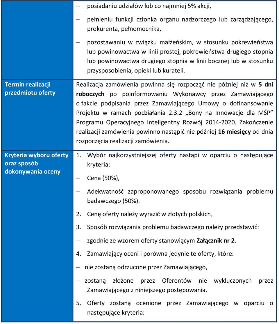 Termin realizacji przedmiotu oferty Kryteria wyboru oferty oraz sposób dokonywania oceny Realizacja zamówienia powinna się rozpocząć nie później niż w 5 dni roboczych po poinformowaniu Wykonawcy