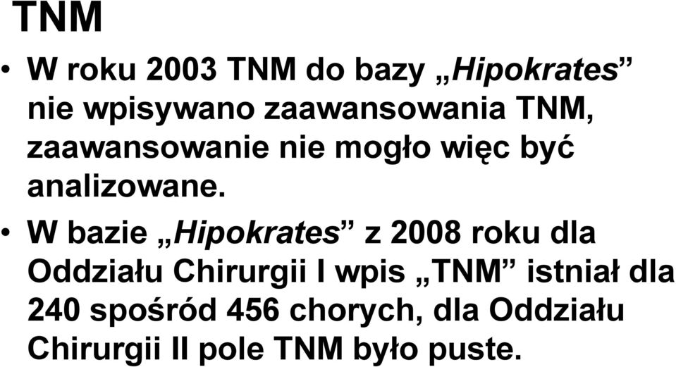 W bazie Hipokrates z 2008 roku dla Oddziału Chirurgii I wpis TNM