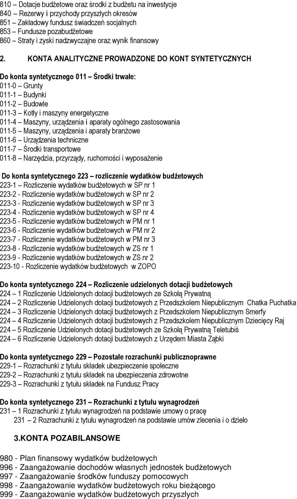 KONTA ANALITYCZNE PROWADZONE DO KONT SYNTETYCZNYCH Do konta syntetycznego 011 Środki trwałe: 011-0 Grunty 011-1 Budynki 011-2 Budowle 011-3 Kotły i maszyny energetyczne 011-4 Maszyny, urządzenia i