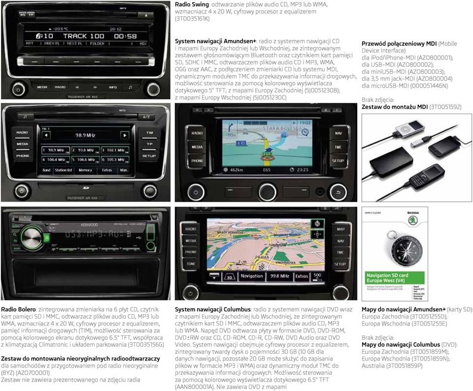 zmieniarki CD lub systemu MDI, dynamicznym modułem TMC do przekazywania informacji drogowych, możliwość sterowania za pomocą kolorowego wyświetlacza dotykowego 5" TFT; z mapami Europy Zachodniej