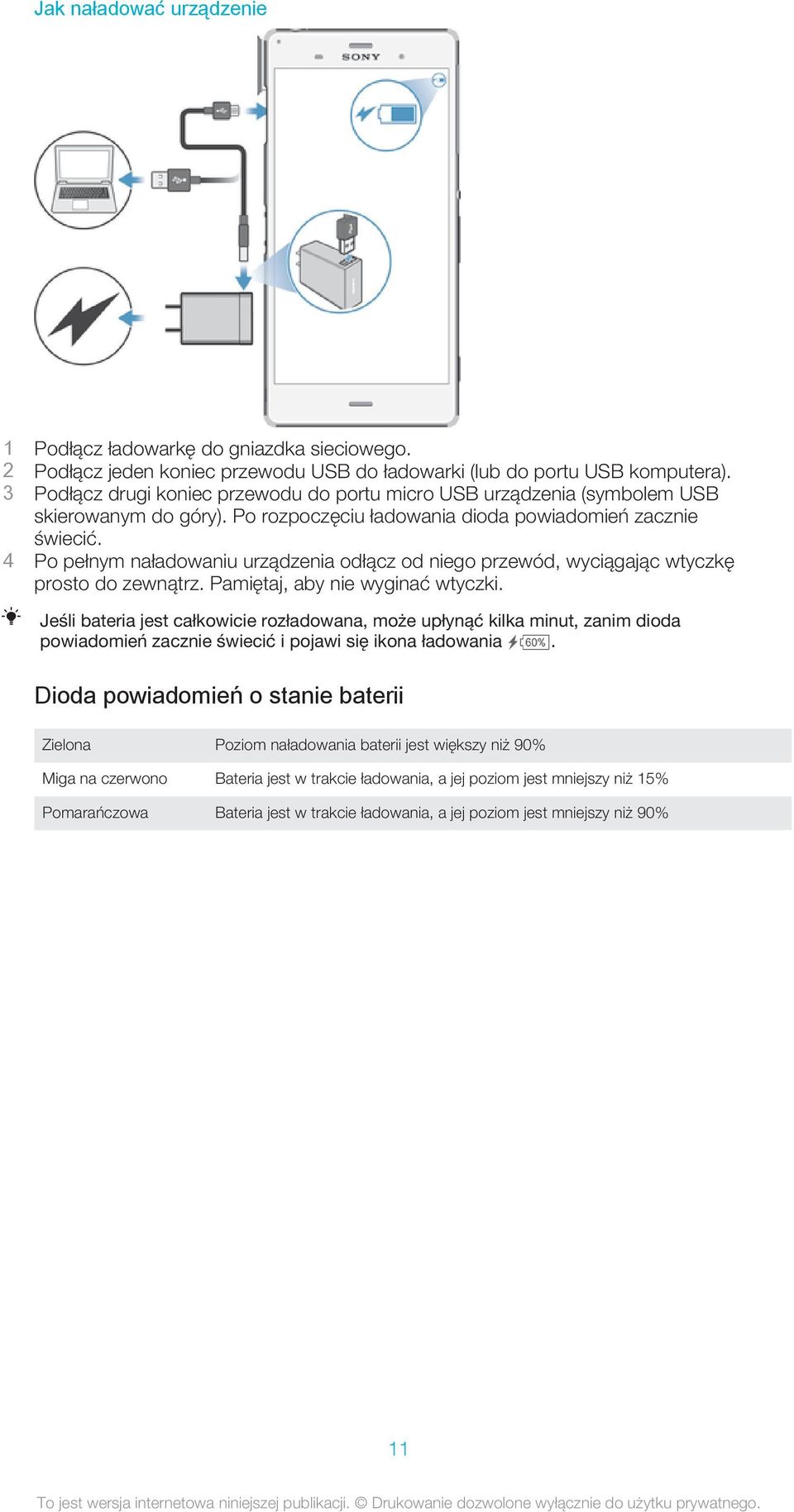 4 Po pełnym naładowaniu urządzenia odłącz od niego przewód, wyciągając wtyczkę prosto do zewnątrz. Pamiętaj, aby nie wyginać wtyczki.