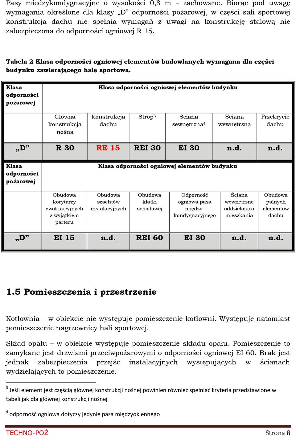 ogniowej R 15. Tabela 2 Klasa odporności ogniowej elementów budowlanych wymagana dla części budynku zawierającego halę sportową.