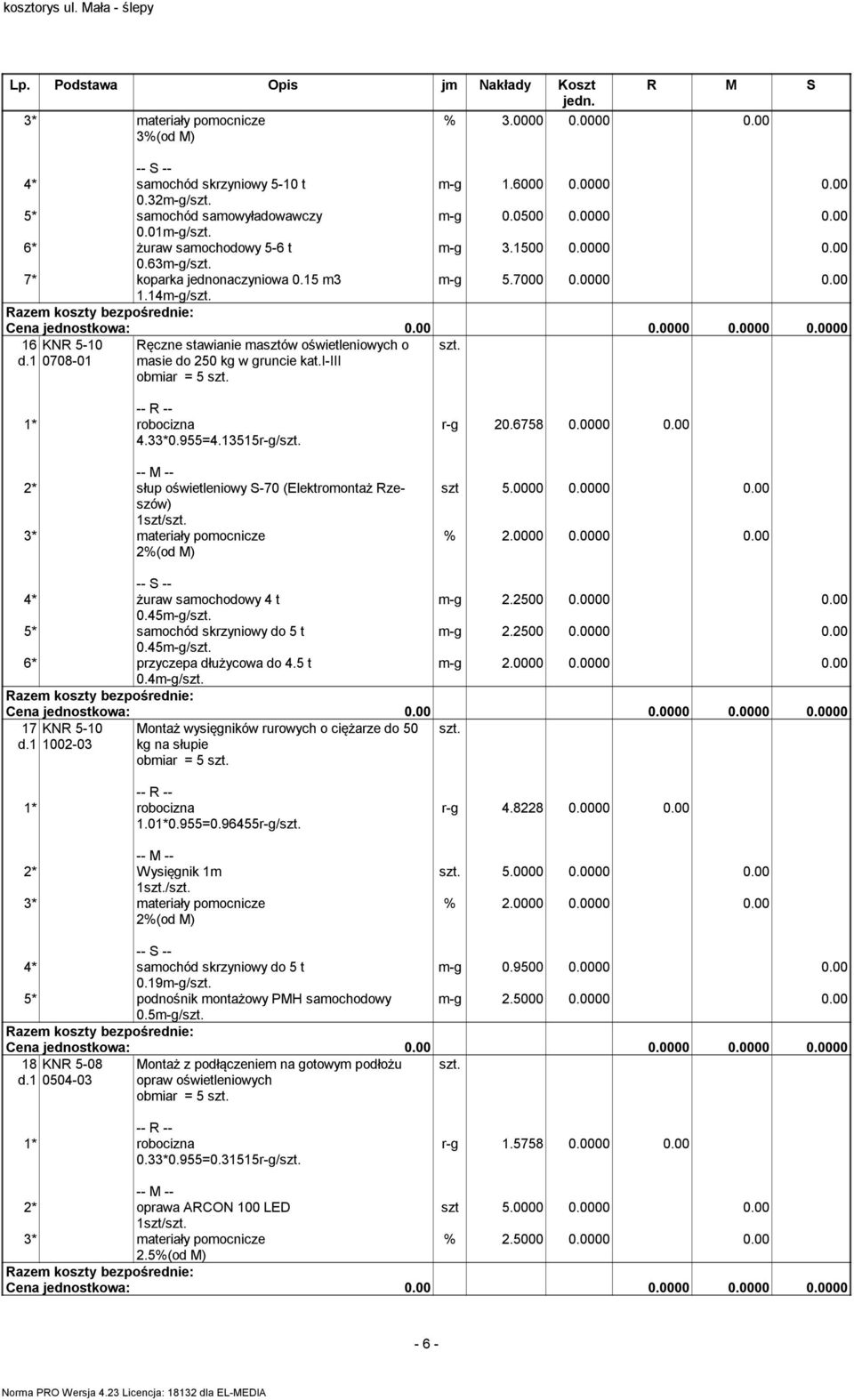 i-iii obiar = 5 4.33*0.955=4.13515r-g/ 2* słup oświetleniowy S-70 (Elektroontaż Rzeszów) 1szt/ 3* ateriały poocnicze r-g 20.6758 0.0000 0.00 szt 5.0000 0.0000 0.00 4* żuraw saochodowy 4 t -g 2.2500 0.