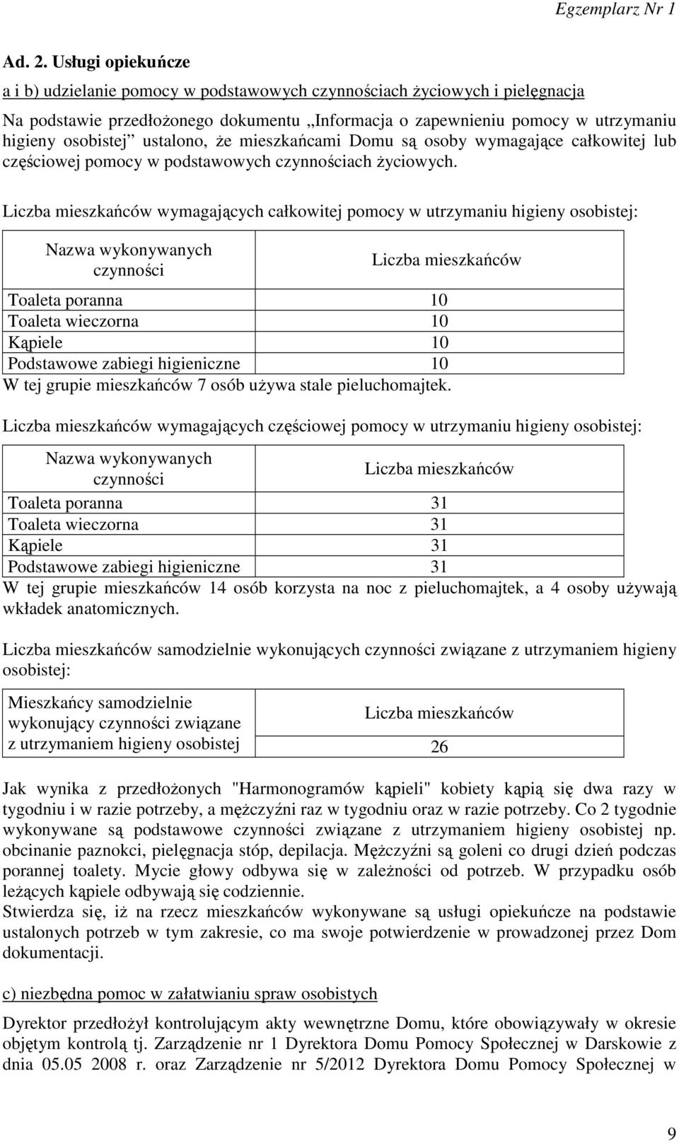 ustalono, że mieszkańcami Domu są osoby wymagające całkowitej lub częściowej pomocy w podstawowych czynnościach życiowych.