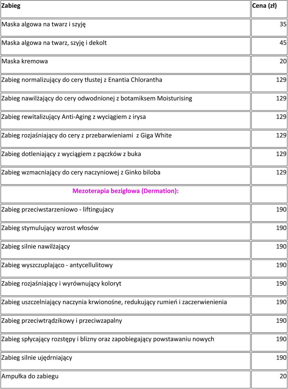 129 Zabieg wzmacniający do cery naczyniowej z Ginko biloba 129 Mezoterapia bezigłowa (Dermation): Zabieg przeciwstarzeniowo - liftingujacy 190 Zabieg stymulujący wzrost włosów 190 Zabieg silnie