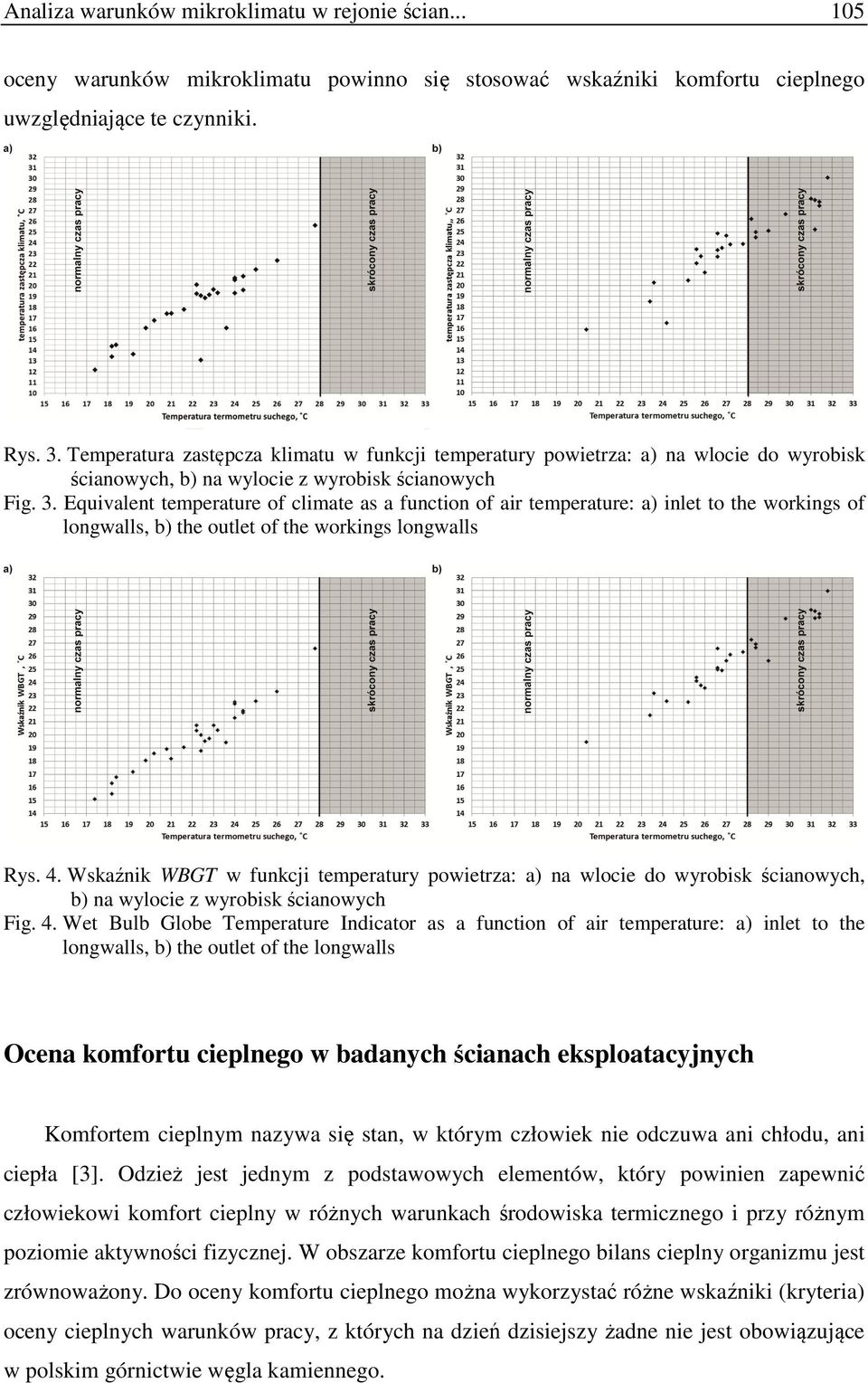 Equivalent temperature of climate as a function of air temperature: a) inlet to the workings of longwalls, b) the outlet of the workings longwalls Rys. 4.