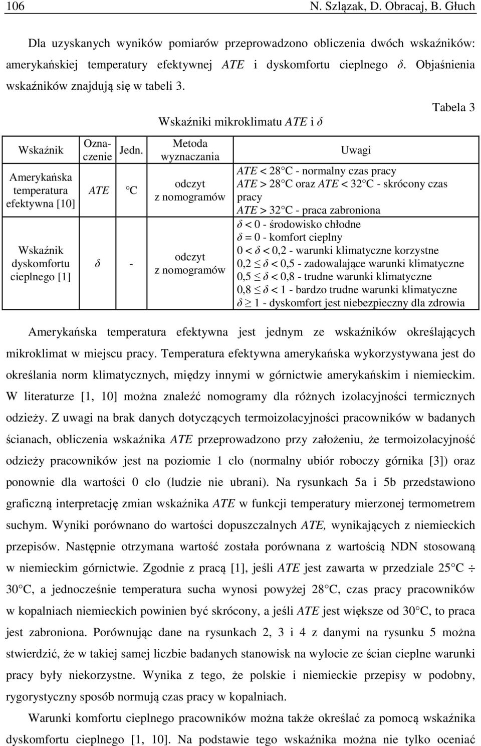 ATE C δ - Wskaźniki mikroklimatu ATE i δ Metoda wyznaczania odczyt z nomogramów odczyt z nomogramów Uwagi Tabela 3 ATE < 28 C - normalny czas pracy ATE > 28 C oraz ATE < 32 C - skrócony czas pracy