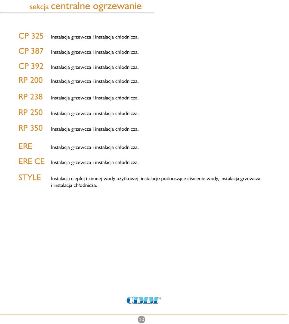 Instalacja ciep ej i zimnej wody u ytkowej, instalacje podnoszàce ciênienie wody, instalacja grzewcza i instalacja ch odnicza. 10