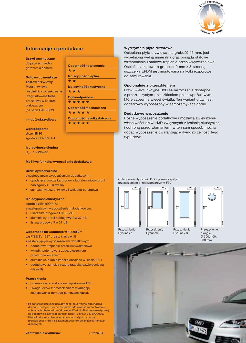 1- lub 2-skrzydłowe Ognioodporne drzwi EI30 zgodnie z EN 1634-1 Odporność na włamanie Izolacyjność akustyczna Ognioodporność Odporność mechaniczna Odporność na odkształcenia Wytrzymała płyta drzwiowa