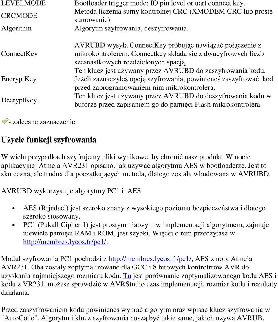 Connectkey składa się z dwucyfrowych liczb szesnastkowych rozdzielonych spacją. Ten klucz jest używany przez AVRUBD do zaszyfrowania kodu.