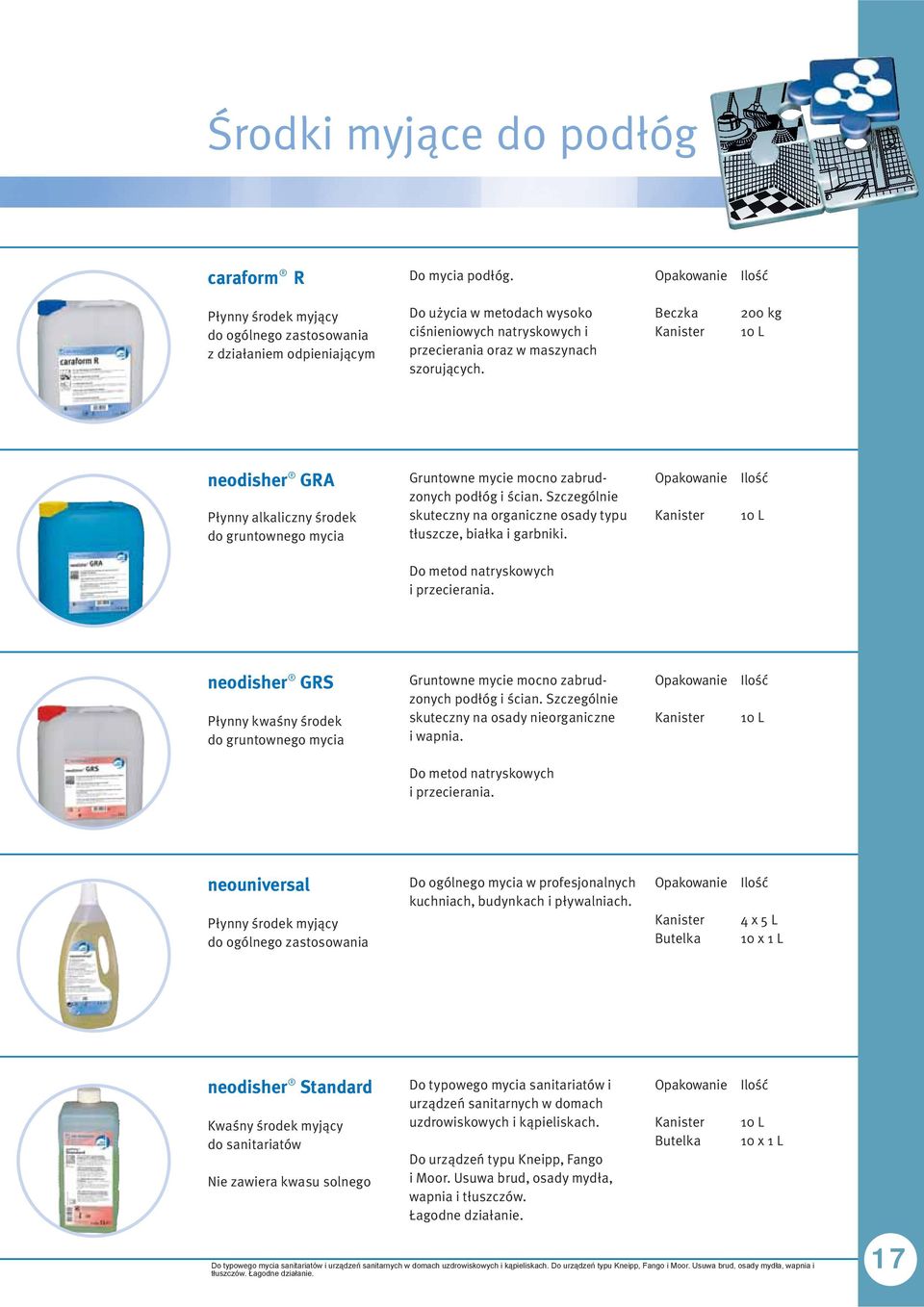 neodisher GRA Płynny alkaliczny środek do gruntownego mycia Gruntowne mycie mocno zabrudzonych podłóg i ścian. Szczególnie skuteczny na organiczne osady typu tłuszcze, białka i garbniki.