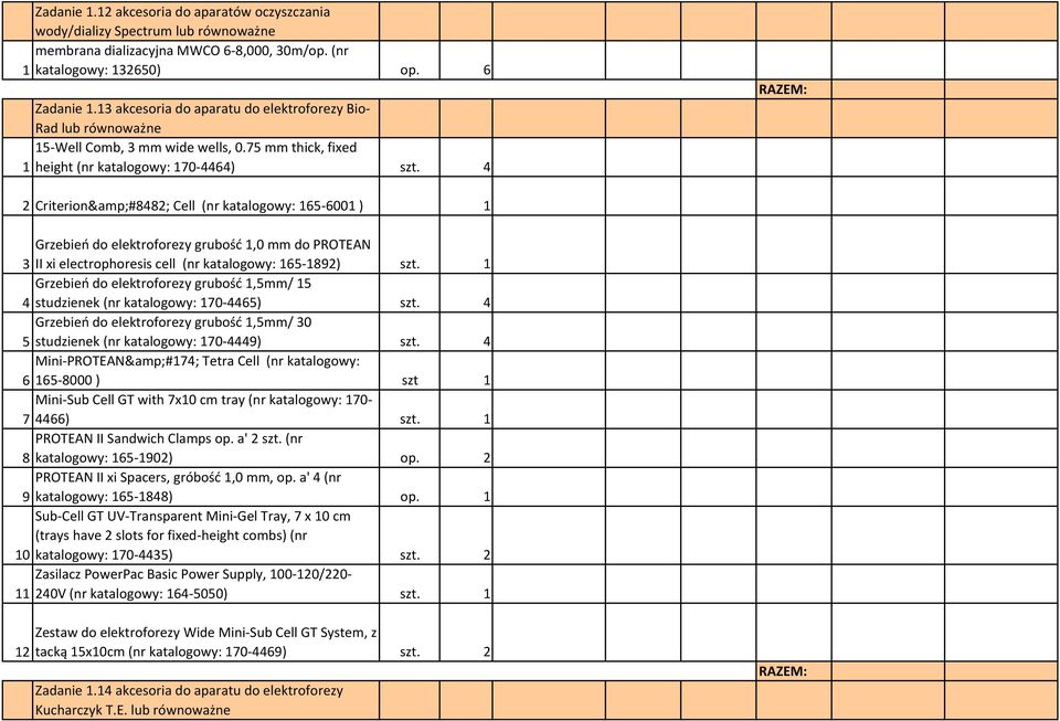 4 2 Criterion&#8482; Cell (nr katalogowy: 165-6001 ) 1 Grzebień do elektroforezy grubość 1,0 mm do PROTEAN 3 II xi electrophoresis cell (nr katalogowy: 165-1892) szt.