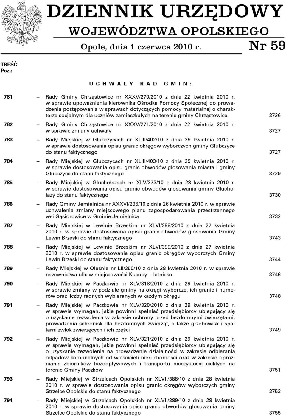 Chrząstowice 3726 782 Rady Gminy Chrząstowice nr XXXV/271/2010 z dnia 22 kwietnia 2010 r. w sprawie zmiany uchwały 3727 783 Rady Miejskiej w Głubczycach nr XLIII/402/10 z dnia 29 kwietnia 2010 r.