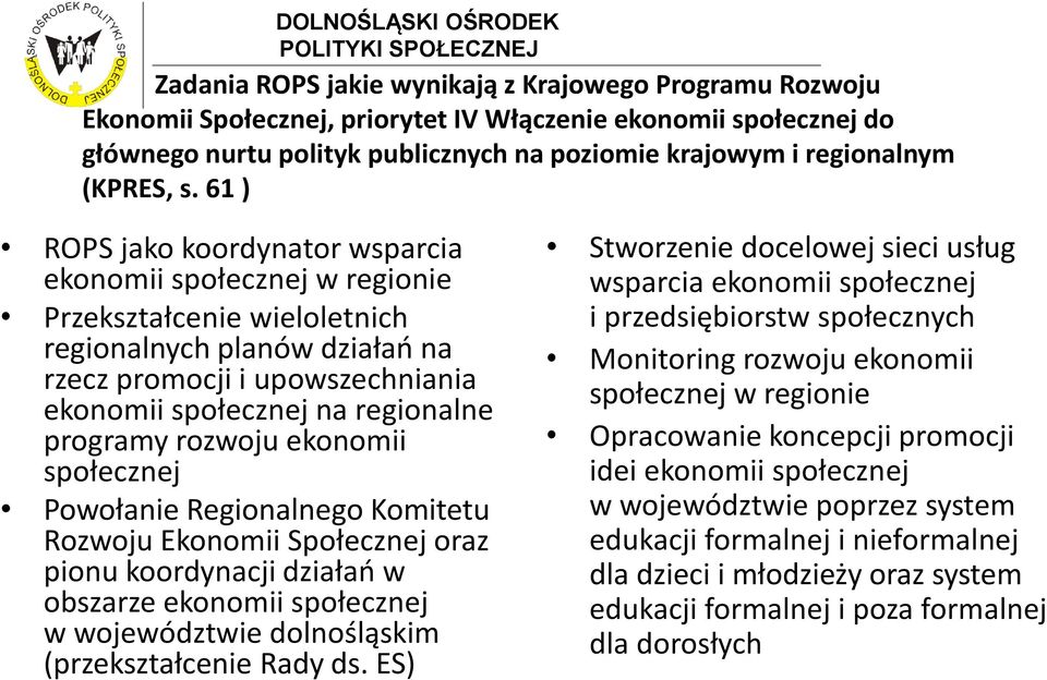 61 ) ROPS jako koordynator wsparcia ekonomii społecznej w regionie Przekształcenie wieloletnich regionalnych planów działań na rzecz promocji i upowszechniania ekonomii społecznej na regionalne