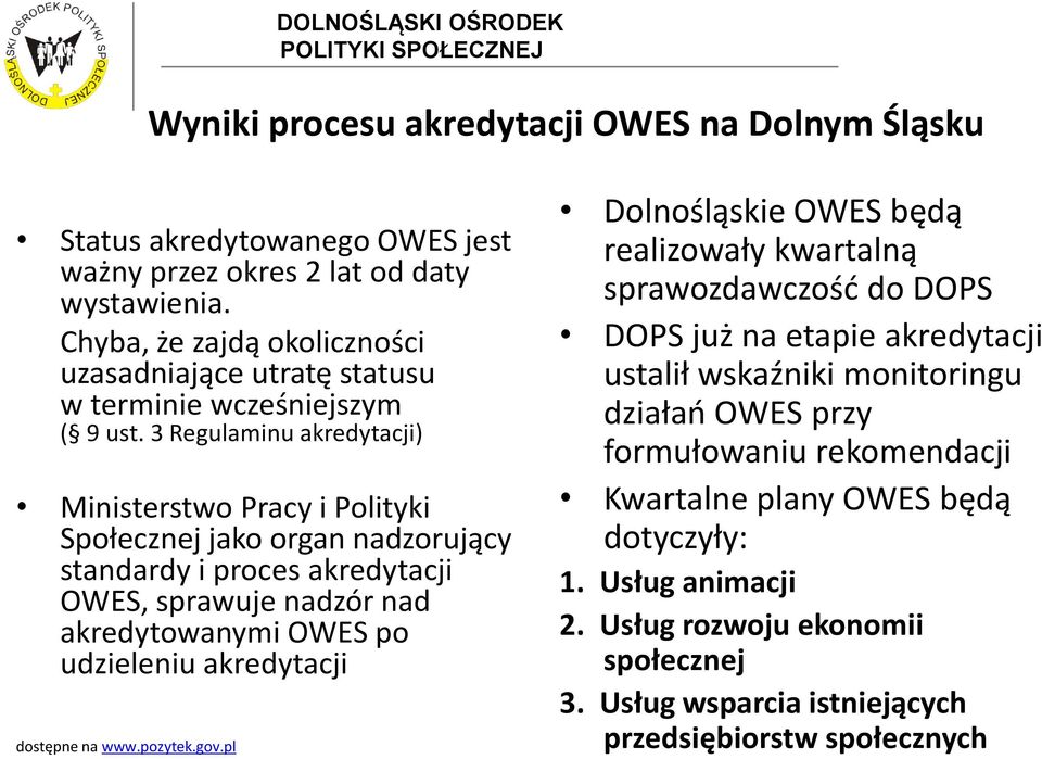 3 Regulaminu akredytacji) Ministerstwo Pracy i Polityki Społecznej jako organ nadzorujący standardy i proces akredytacji OWES, sprawuje nadzór nad akredytowanymi OWES po udzieleniu