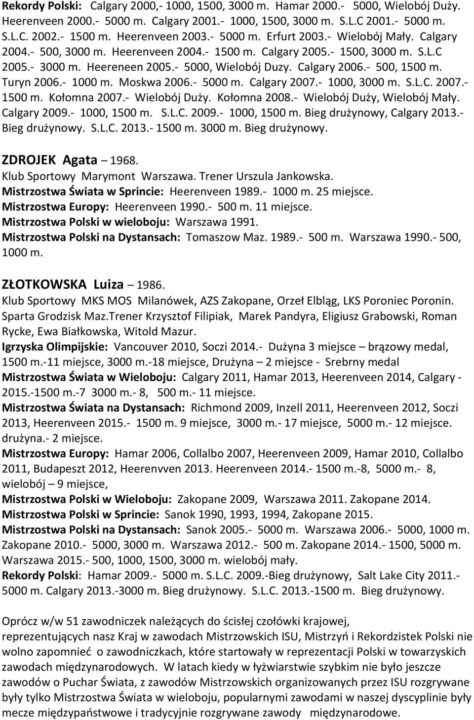 Calgary 2006.- 500, 1500 m. Turyn 2006.- 1000 m. Moskwa 2006.- 5000 m. Calgary 2007.- 1000, 3000 m. S.L.C. 2007.- 1500 m. Kołomna 2007.- Wielobój Duży. Kołomna 2008.- Wielobój Duży, Wielobój Mały.