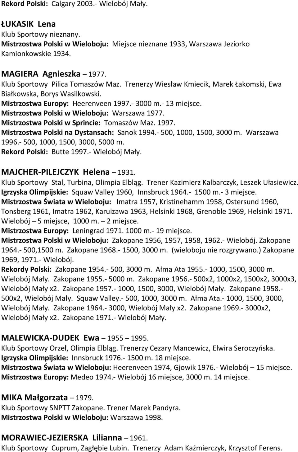 Mistrzostwa Polski w Wieloboju: Warszawa 1977. Mistrzostwa Polski w Sprincie: Tomaszów Maz. 1997. Mistrzostwa Polski na Dystansach: Sanok 1994.- 500, 1000, 1500, 3000 m. Warszawa 1996.