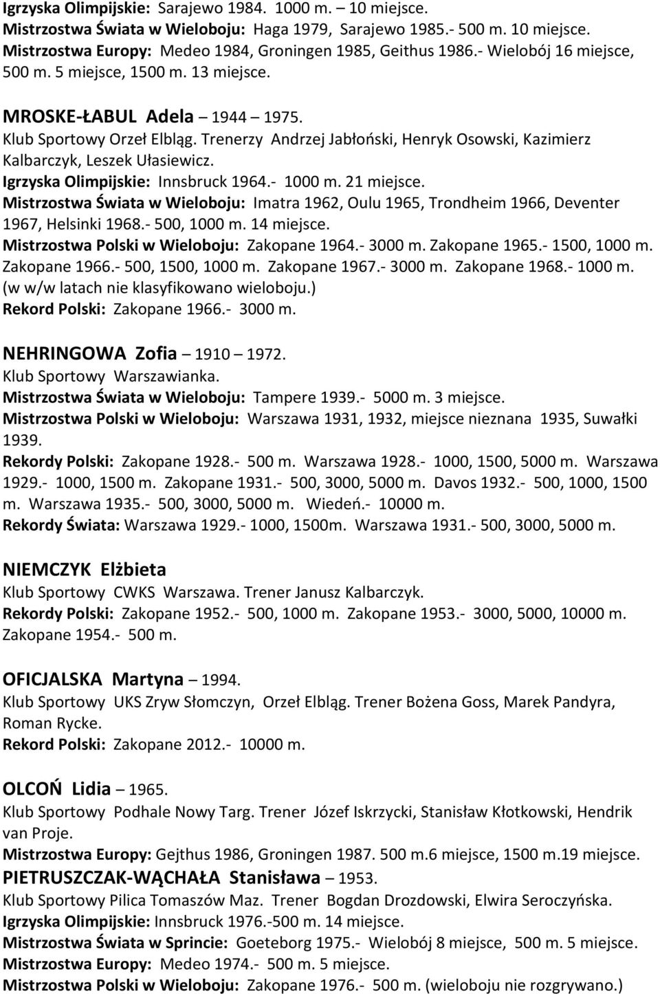 Trenerzy Andrzej Jabłoński, Henryk Osowski, Kazimierz Kalbarczyk, Leszek Ułasiewicz. Igrzyska Olimpijskie: Innsbruck 1964.- 1000 m. 21 miejsce.